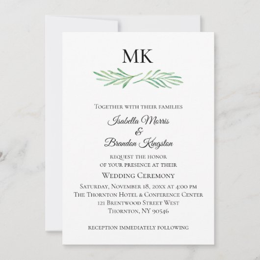 Elegant Monogram Groen Bruiloft Uitnodiging (Voorkant)