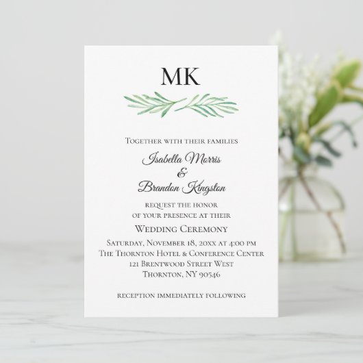 Elegant Monogram Groen Bruiloft Uitnodiging (Staand voorkant)