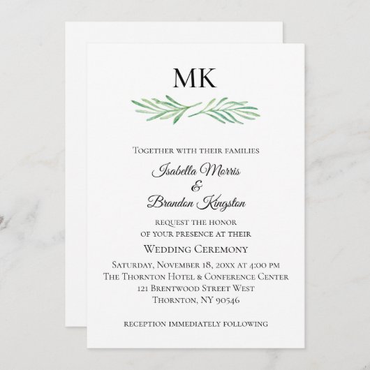 Elegant Monogram Groen Bruiloft Uitnodiging (Voorkant / Achterkant)