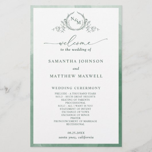 Elegant Monogram Groen Huwelijksprogramma (Voorkant)