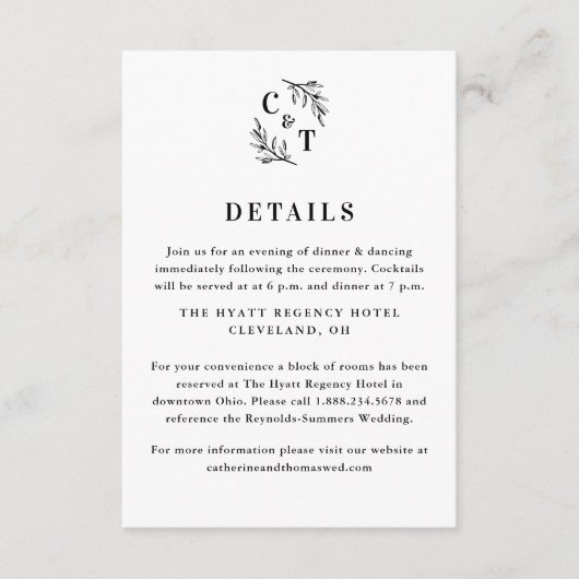 Elegant monogram groen laat bruiloft details informatiekaartje (Voorkant)