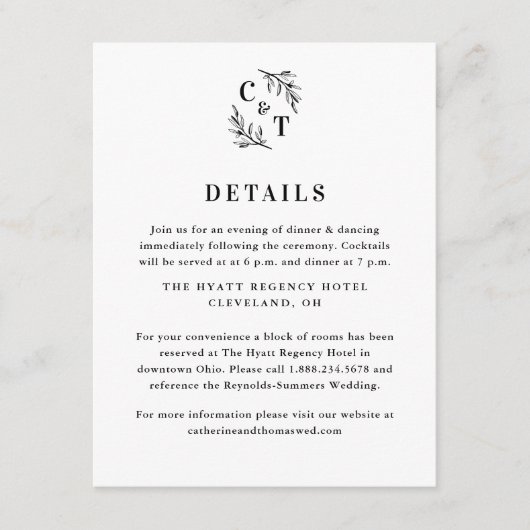 Elegant monogram groen laat bruiloft details informatiekaartje (Voorkant)