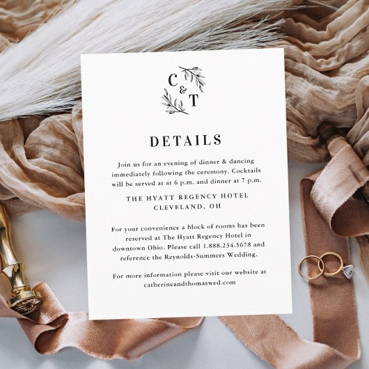 Elegant monogram groen laat bruiloft details informatiekaartje