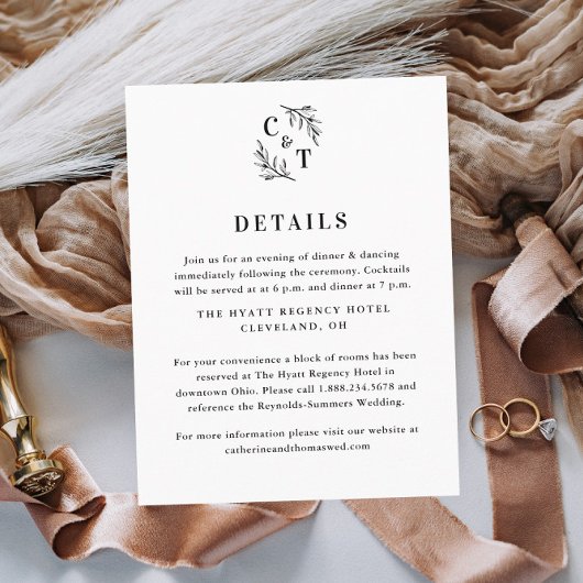 Elegant monogram groen laat bruiloft details informatiekaartje