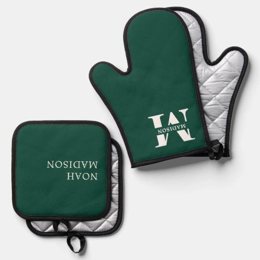 Elegant monogram groen ovenwant & pannenlap set (Voorkant / Achterkant)