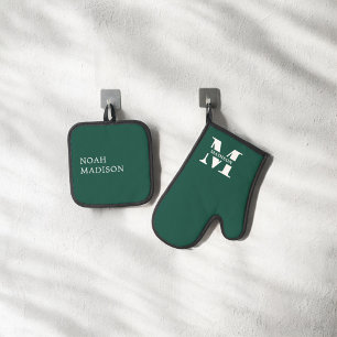 Elegant monogram groen ovenwant & pannenlap set