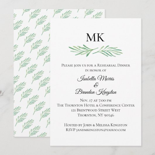 Elegant Monogram Groen repetitie diner Kaart (Voorkant / Achterkant)