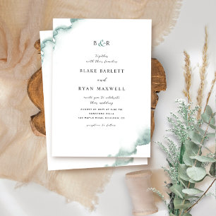 Elegant Monogram, Groen, Sage Waterverf Bruiloft Kaart