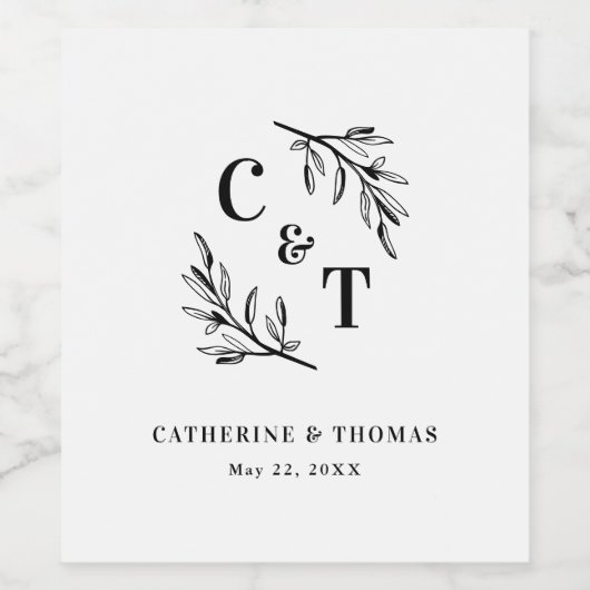 Elegant monogram groen verlaat bruiloft wijn etiket (Enkel label)