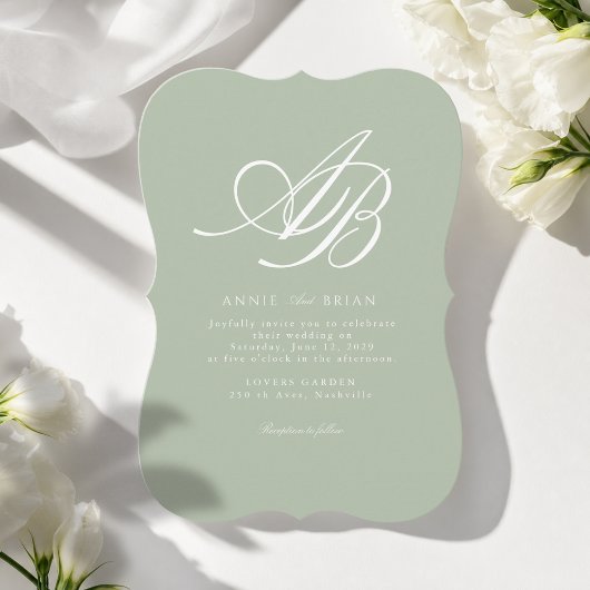 Elegant Monogram Groen Witte Bruiloft Kaart
