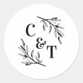Elegant Monogram Groene Bladeren Bruiloft Ronde Sticker (Voorkant)