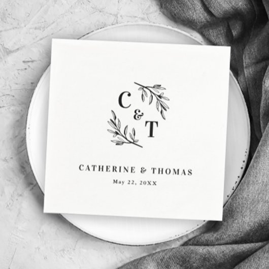 Elegant Monogram Groene Bladeren Bruiloft Servet