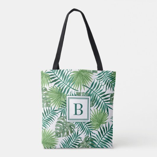 Elegant Monogram Groene Botanische Palmbladeren Tote Bag (Achterkant)