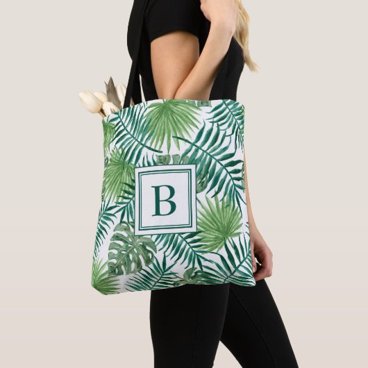 Elegant Monogram Groene Botanische Palmbladeren Tote Bag (Dichtbij)