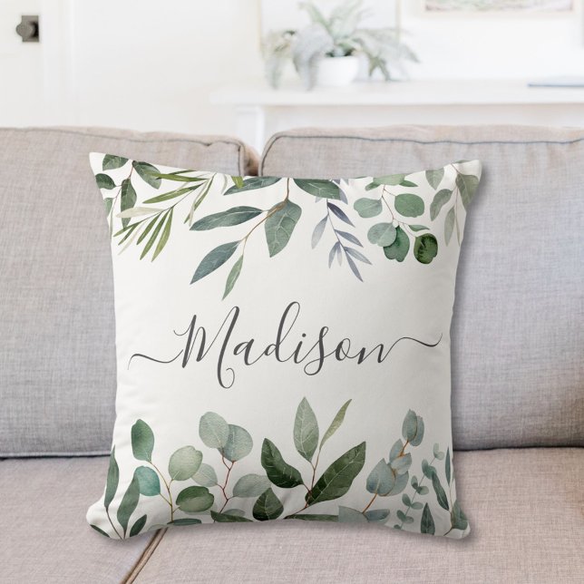 Elegant Monogram Groene Eucalyptus Tropische Blade Kussen (In situ)