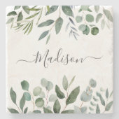 Elegant monogram groene eucalyptus tropische blade stenen onderzetter (Voorkant)