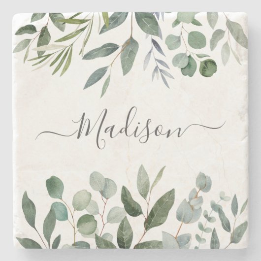 Elegant monogram groene eucalyptus tropische blade stenen onderzetter (Voorkant)