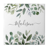 Elegant monogram groene eucalyptus tropische blade tegeltje (Voorkant)