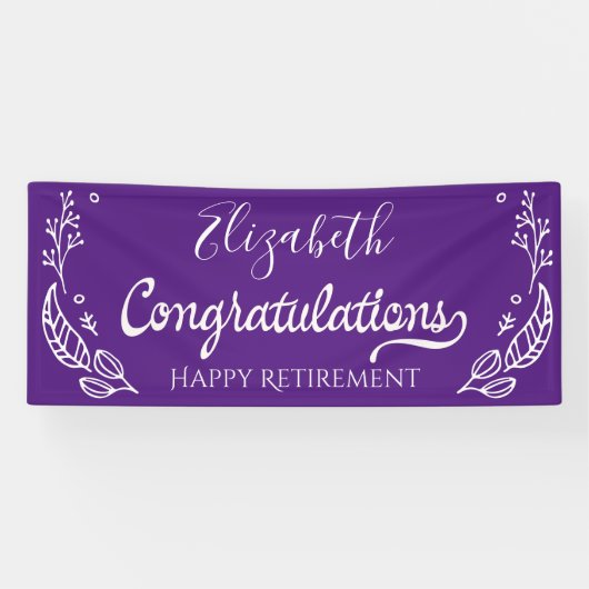 Elegant Monogram Happy Retirement Paars Spandoek (Horizontaal)