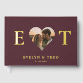 Elegant Monogram Hart Bourgondië bruiloft gastenbo Gastenboek (Voorkant)