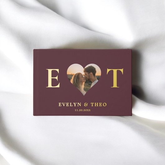 Elegant Monogram Hart Bourgondië bruiloft gastenbo Gastenboek