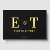 Elegant Monogram Hart Zwart Trouwen Gastenboek (Voorkant)