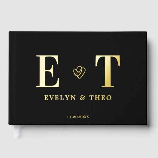 Elegant Monogram Hart Zwart Trouwen Gastenboek (Voorkant)
