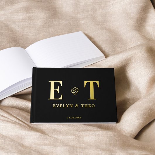 Elegant Monogram Hart Zwart Trouwen Gastenboek