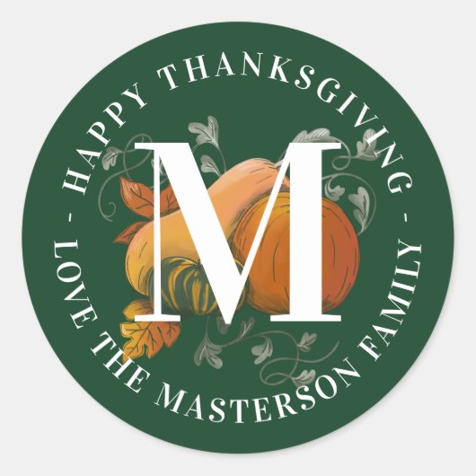 Elegant Monogram Herfst Harvest Happy Thanksgiving Ronde Sticker (Voorkant)
