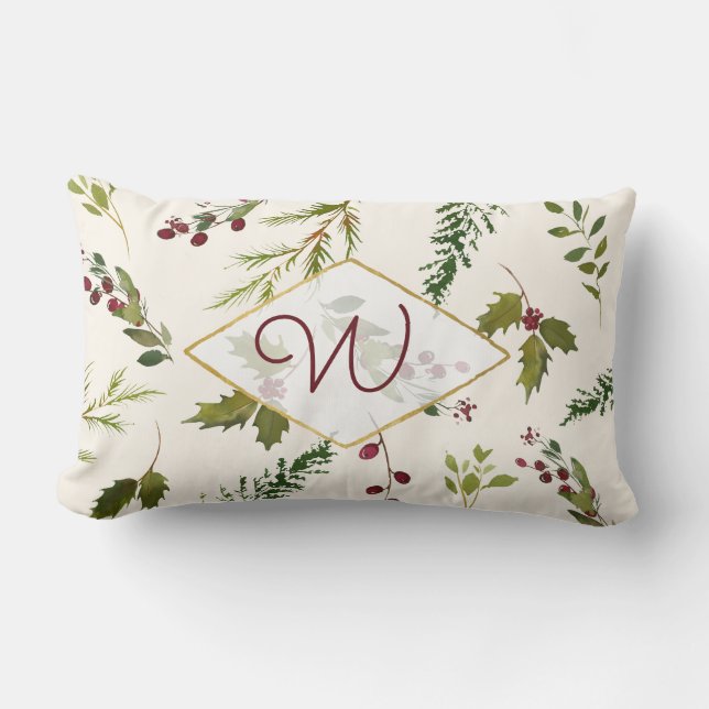 Elegant Monogram Holly Berry  Script Kussen (Voorkant)