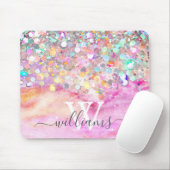 Elegant Monogram Holografisch Glitter Pink Galaxy Muismat (Met muis)