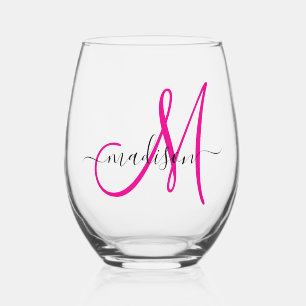 Elegant Monogram Hot Pink Black Name Script Wijnglas Zonder Voet