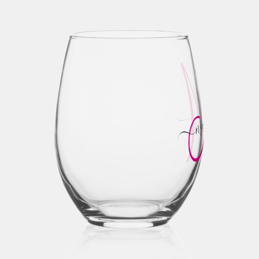 Elegant Monogram Hot Pink Black Name Script Wijnglas Zonder Voet (Rechts)