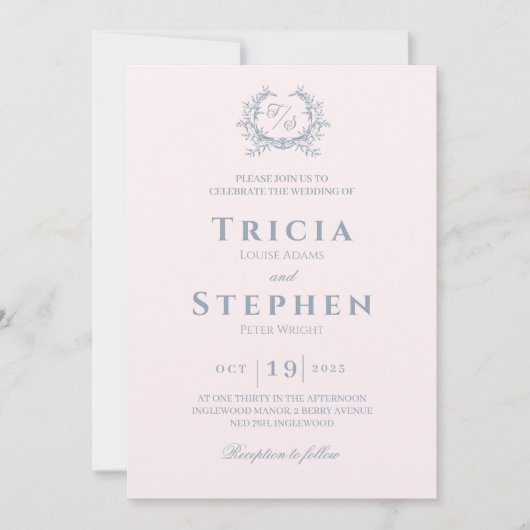 Elegant monogram huwelijksuitnodiging blush roze kaart (Voorkant)