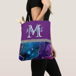 Elegant Monogram I Paars Blauwgroen Agate Silver Tote Bag
