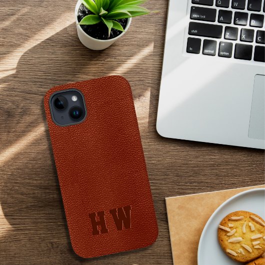 Elegant monogram ingegraveerd bruin veen leder Case-Mate iPhone case