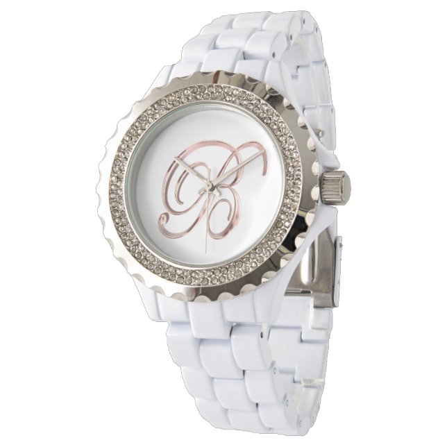 Elegant Monogram Initiaal B Faux Roos Gold Horloge (Gekanteld)