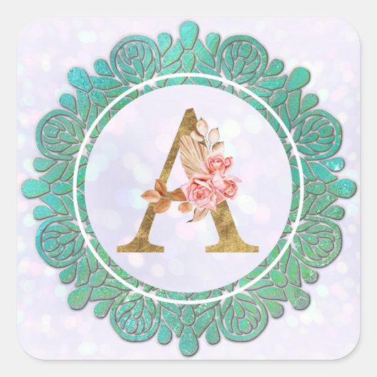 Elegant Monogram Initiaal Brieven met Mandala Vierkante Sticker (Voorkant)