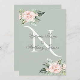 Elegant Monogram Initiaal Floral Sage Green Weddin Kaart