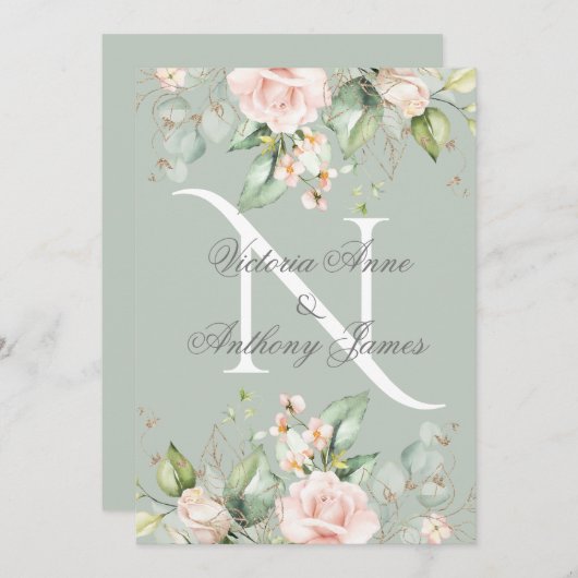 Elegant Monogram Initiaal Floral Sage Green Weddin Kaart (Voorkant / Achterkant)