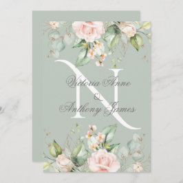 Elegant Monogram Initiaal Floral Sage Green Weddin Kaart