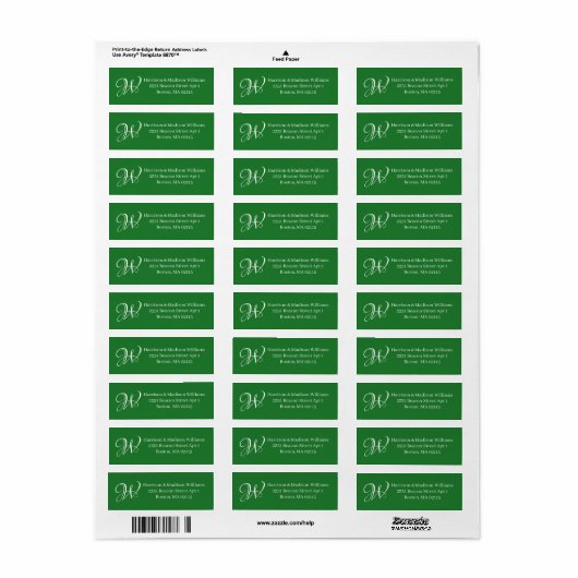 Elegant Monogram initiaal groen retouradres Etiket (Full Sheet)