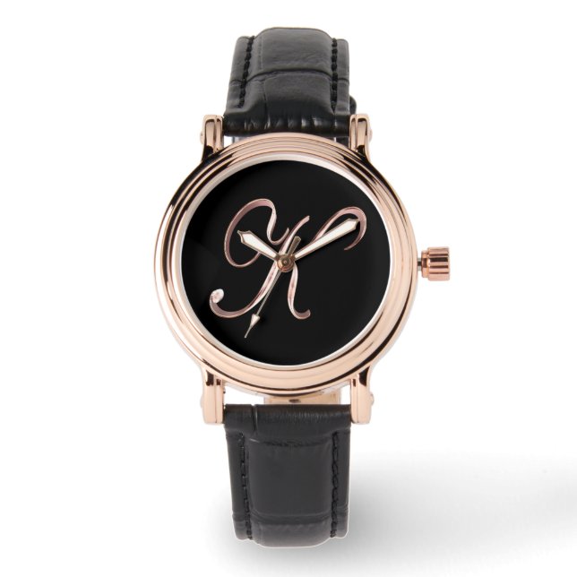 Elegant Monogram Initiaal K Zwart Roos Goud Horloge (Voorkant)