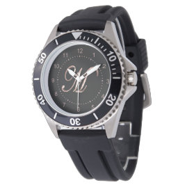 Elegant Monogram Initiaal Letter M Zwart Roos Goud Horloge