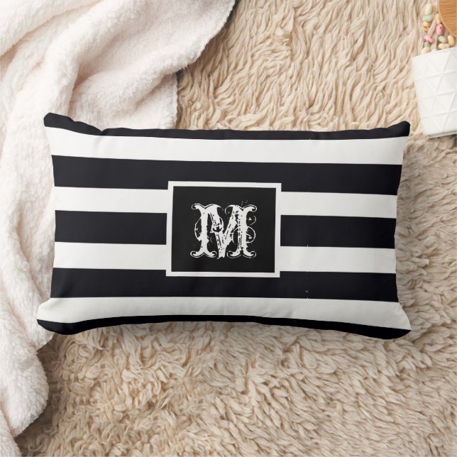 Elegant Monogram Initiaal Modern Chic Zwart-Wit Kussen (Deken)