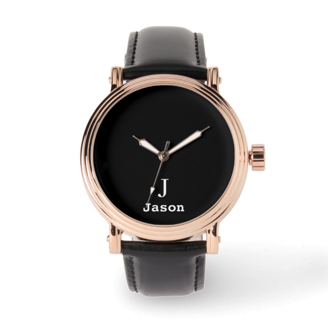 Elegant Monogram Initiaal Naam Gepersonaliseerd Zw Horloge (Voorkant)