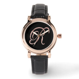 Elegant Monogram Initiaal R Zwart Roos Goud Horloge