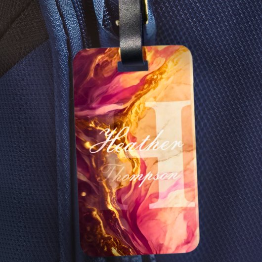Elegant Monogram Initiaal Roze Marbel Bagagelabel