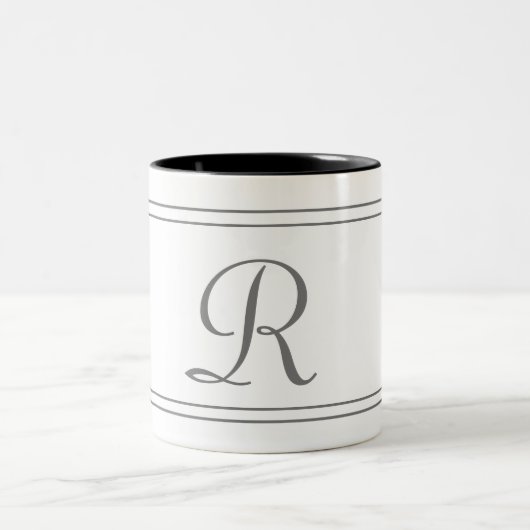 Elegant Monogram Initiaal White Striped Tweekleurige Koffiemok (Center)