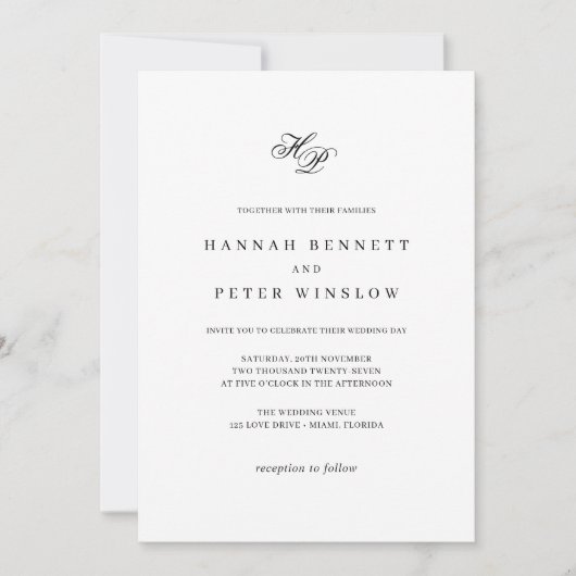 Elegant Monogram Initiaal Wit & Zwart Huwelijk Kaart (Voorkant)